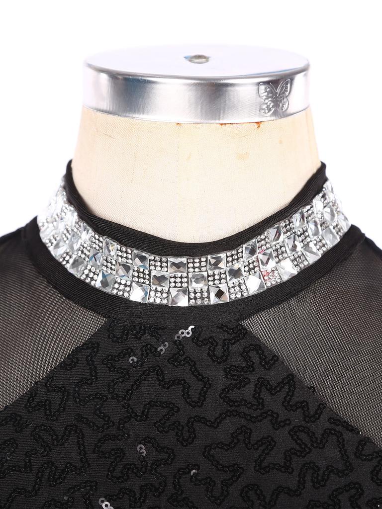 Frauen Pailletten Latin Jazz Dance Kostüm Ärmelloses Ausschnitt Zurück Flowy Quaste Kleid Trikot Ballett Dancewear