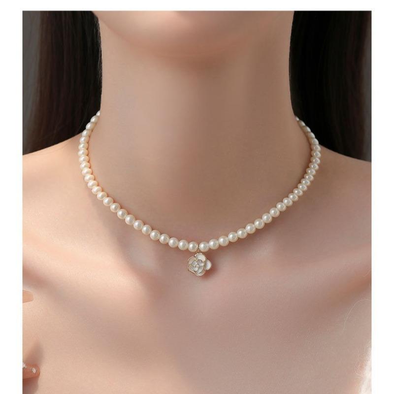 Glass Pearl Dripping Oil Mountain Tea Flower Pendant Necklace for Women - Floral Pearl Collar Chain