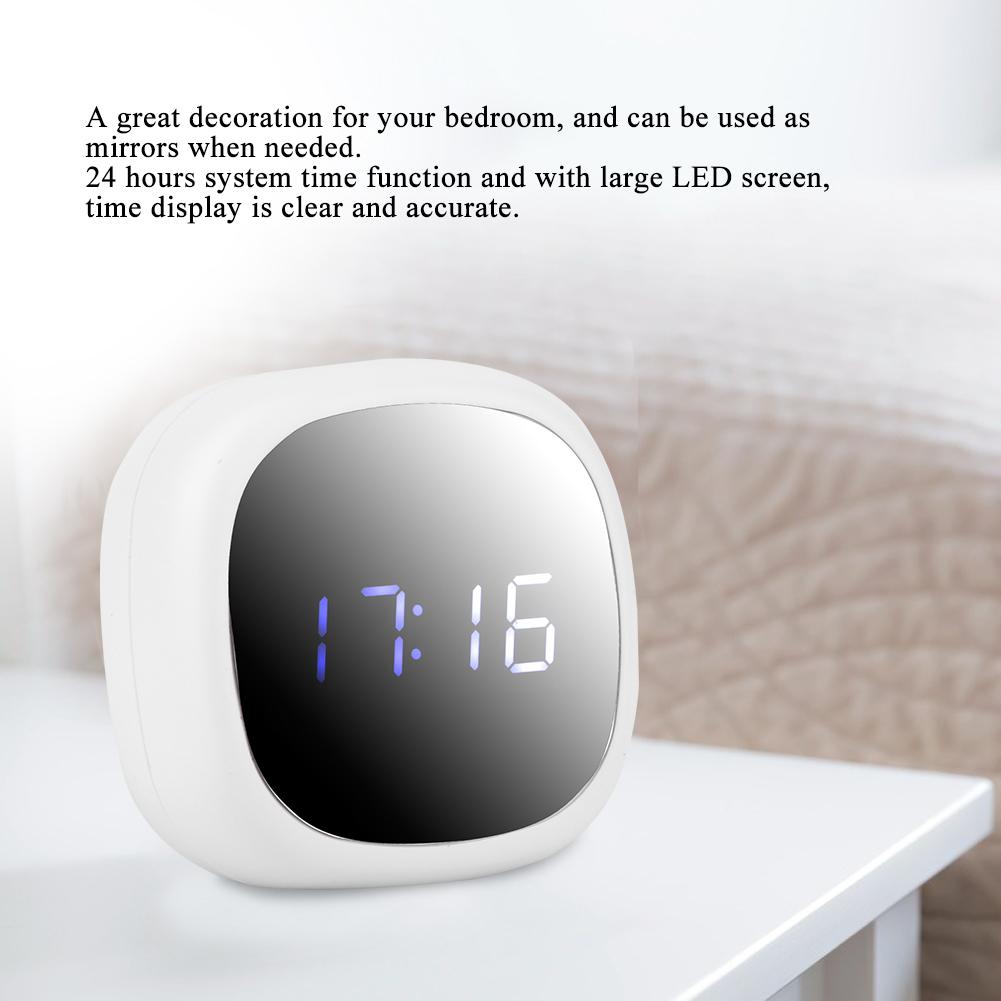 Household Multi Functional LED Alarm Clock Desktop Makeup Mirror Surface Digital Mute Clock for Bedroom(White )