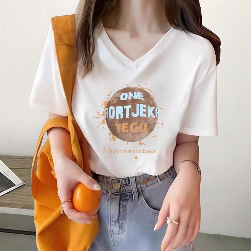 

White front shoulder v-neck t-shirt women s short-sleeved summer 2025 new printed half-sleeved slim-fit top women s t-shirt S