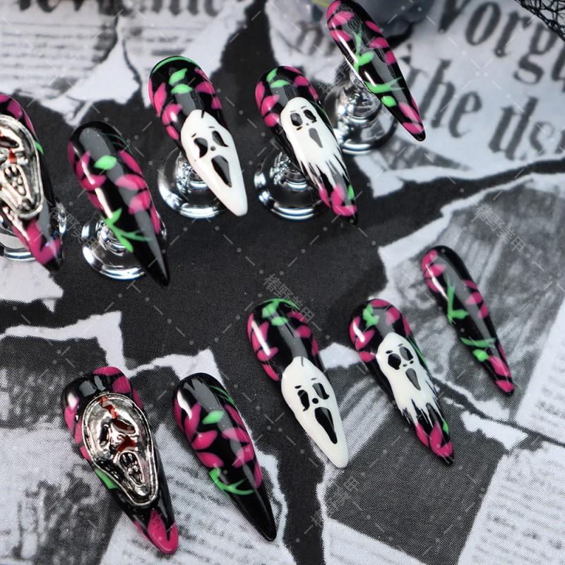 Press On Nails Women Ins Style Halloween Ghost Face Green Vine Red Leaf Dark Horror Design Acrylic False