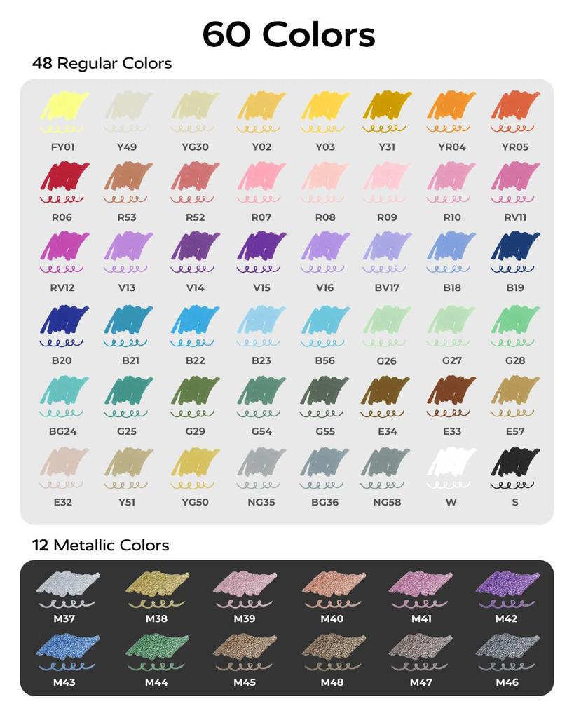 JusArt Acryl Marker Verf Markers met Kwastpunten Fijn en Fijn Acryl Kunst Geschikt voor en Metallic Cadeau Idee Pennen, 60-Kleuren Set, (Beide punten),