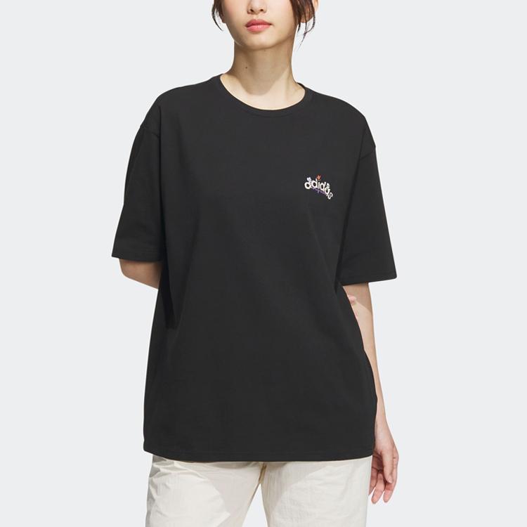 Adidas Originals Trefoil Floral Back Print Sports Tee Women Tops Black IK8635