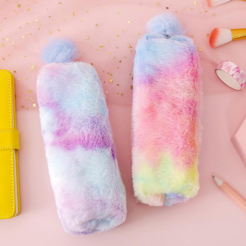 Plush Pencil Case For Girls Kawaii Gradient Color Stationery Storage Bag Zipper Pencil Bag School Office Pouch Purse Storage