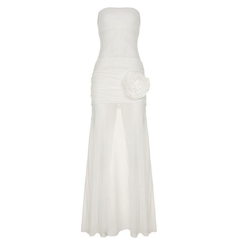 

Дом Европейская и американская женская одежда Отпуск на острове Платье без бретелек из сетки с трехмерными цветами Элегантное чистое Просвечивающее белое платье White S