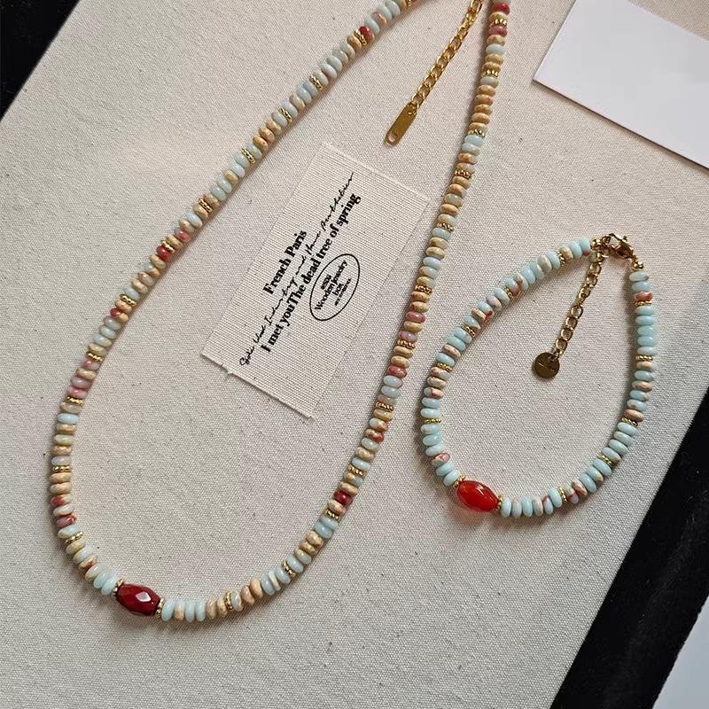 Freshwater Pearl Mixed Color Natural Stone Bracelet Summer Dopamine Necklace Temperament Shoushan Stone Agate Collarbone Chain