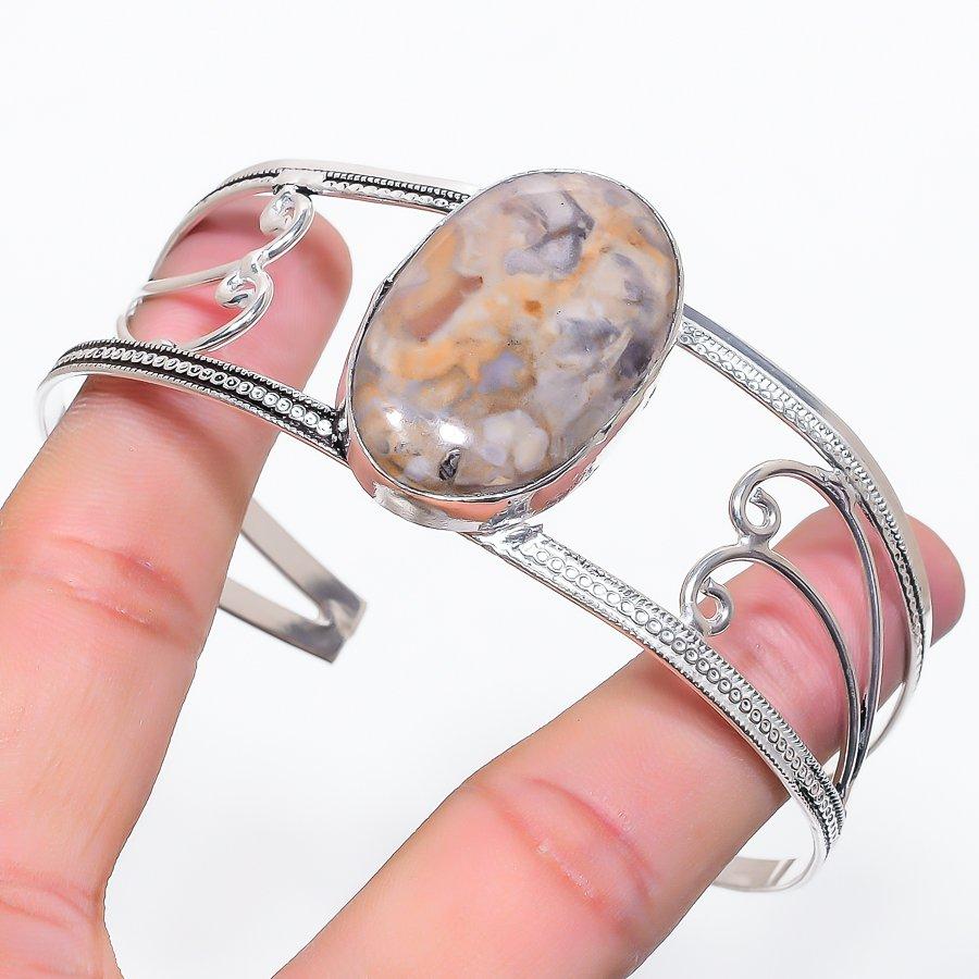 Natural Russian Dendritic Gemstone 925 Sterling Silver Cuff Bangle Adj M4C58