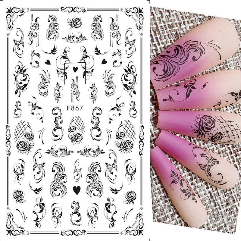 1PCS Black White Butterfly Laser Nail Stickers Nail Art Decoration Abstract Lines Bronzing Flowers Stickers For Nails