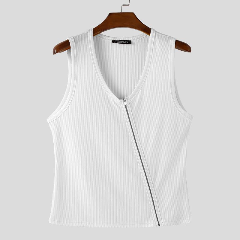 INCERUN Men V Neck Sleeveless Zip-up Casual Fitted Rib Tank Tops