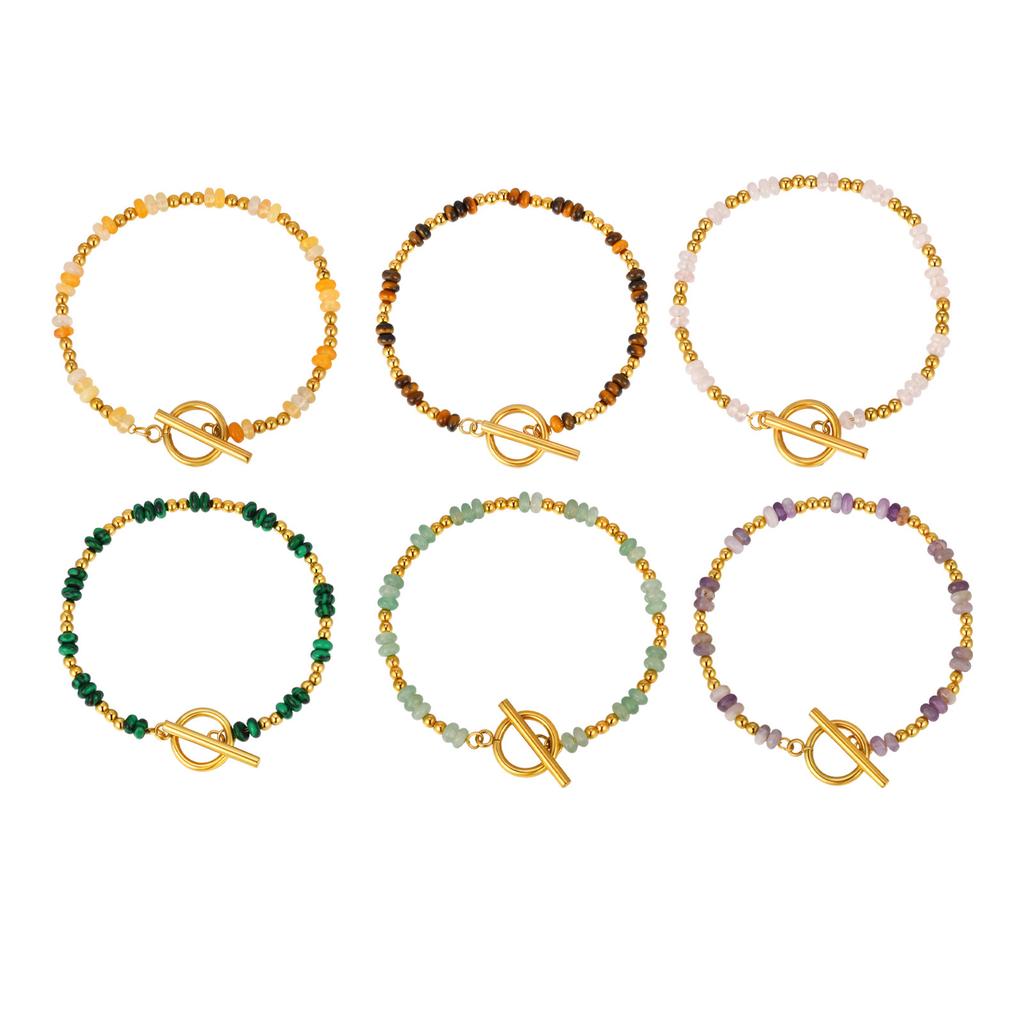 Niche Design Fashionable Color Natural Stone Beaded Stainless Steel Rice Bead Ot Buckle Bracelet Female Br-3051