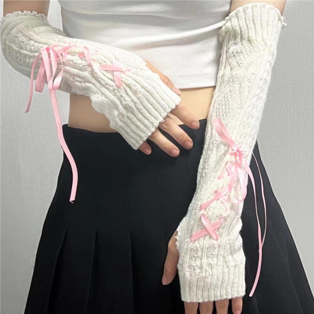 New Thicken Arm Sleeves Bowknot Solid Color Knitted Gloves Y2K Soft Arm Warmers Female
