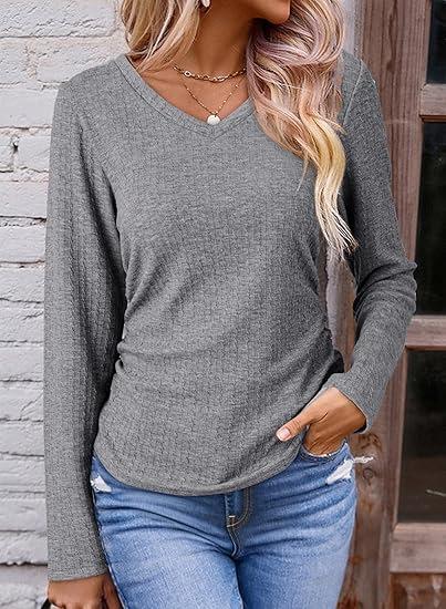 Women's V Neck Long Sleeve Knit Top Ruched Side Solid Color Textured Casual Basic T Shirt Fall Fashion Blouse