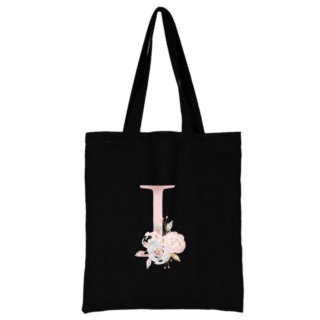 

Сумка для покупок, черная женская пригородная сумка с розовым цветком и буквами, имя, начальный узор, серия с принтом, холщовая сумка на плечо, многоразовая сумка-тоут 24*26cm
