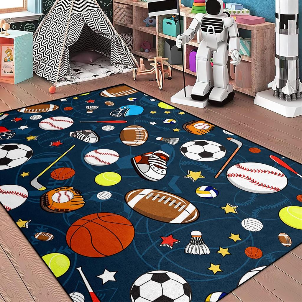 Sports Balls Rug for Boys Bedroom, Football, Basketball, Soccer Carpet, Non-Slip Sports Room Decor Rug for Kids