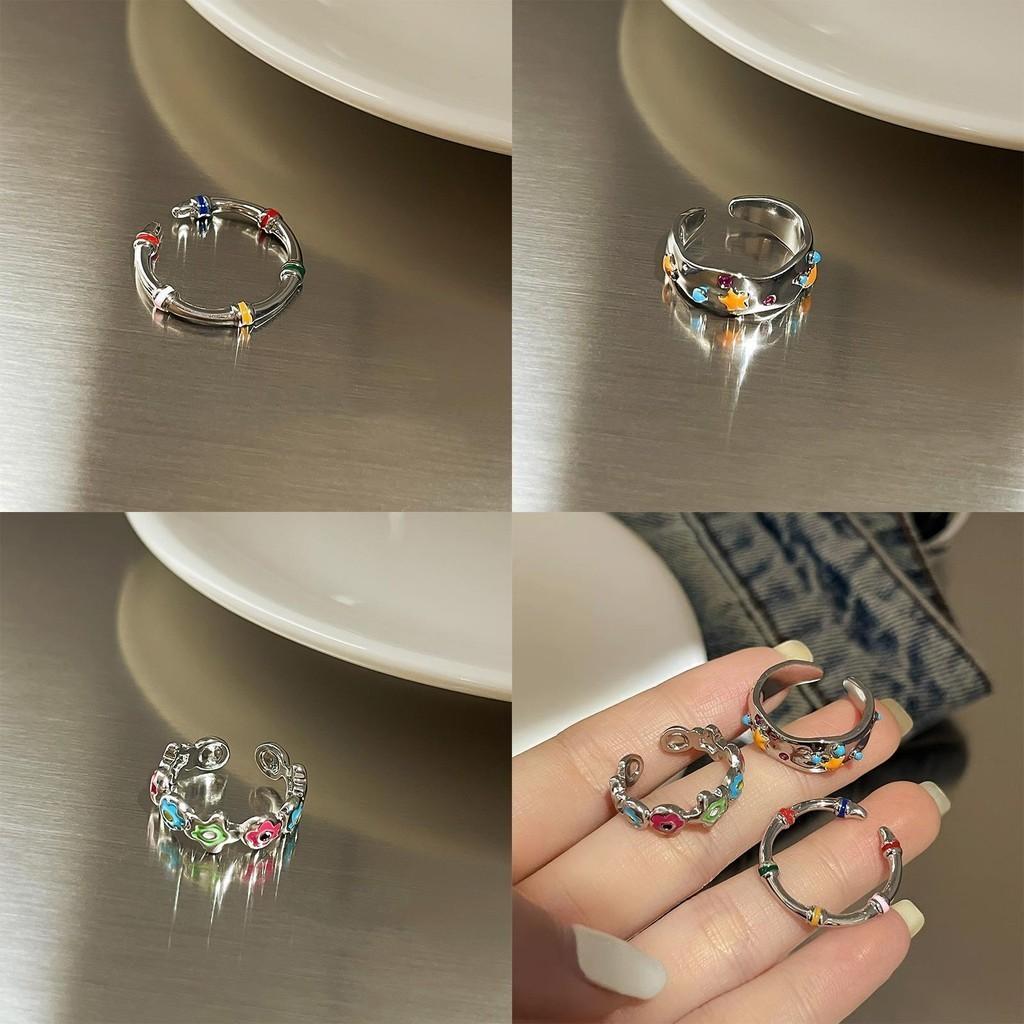 Style Contemporary Ins Adjustable Ring For Women With Colorful Flower And Motif Star