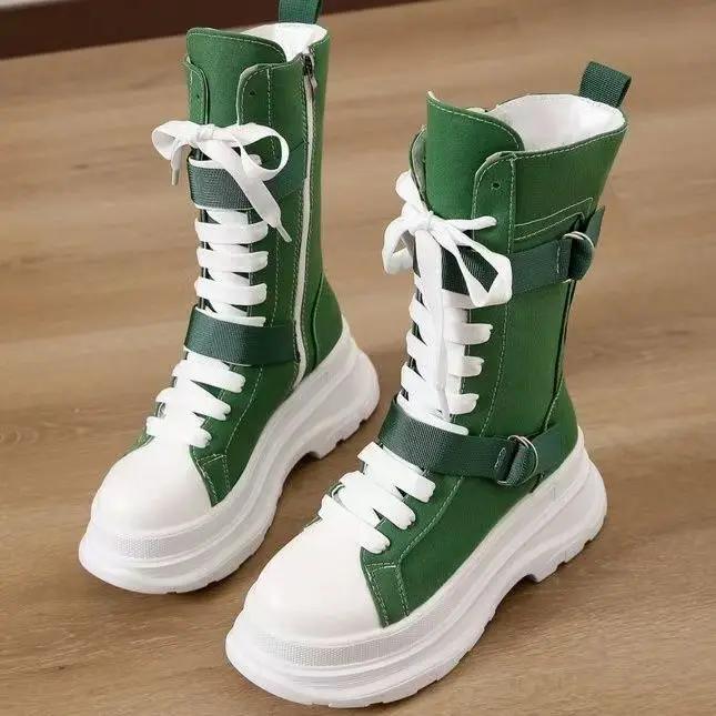 Spring and Autumn  Tall Sneakers Women Shoes Canvas Casual High Top Shoes Long Boots Lace-Up Zipper Comfortable Flat Boots