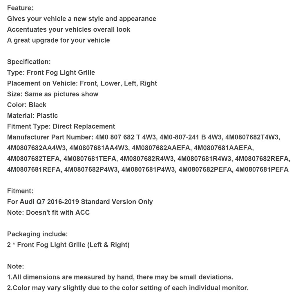 Front Bumper Cover Fog Light Bezel Insert Grill Grille 4M0807682AAEFA 4M0807681AAEFA Fit Q7 2016-2019