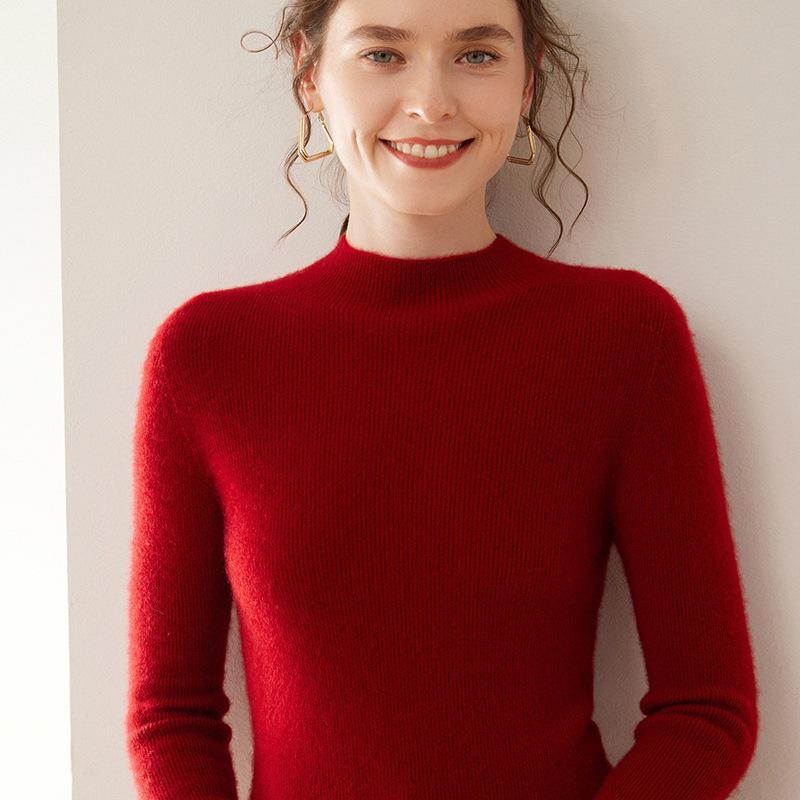 Women's Cashmere Striped Pullover - Slim-Fit Half-High Neck Knitwear for Autumn & Winter