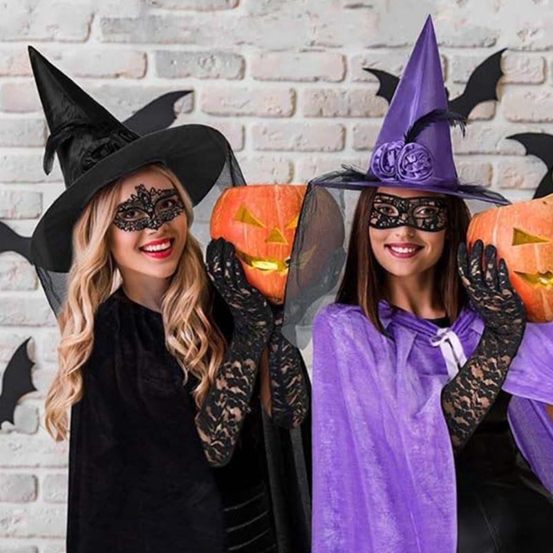 Women Costume Witch Hat Witch Cloak Lace Eye Mask Long Gloves for Halloween Masquerade Cosplay Adult Halloween Costume