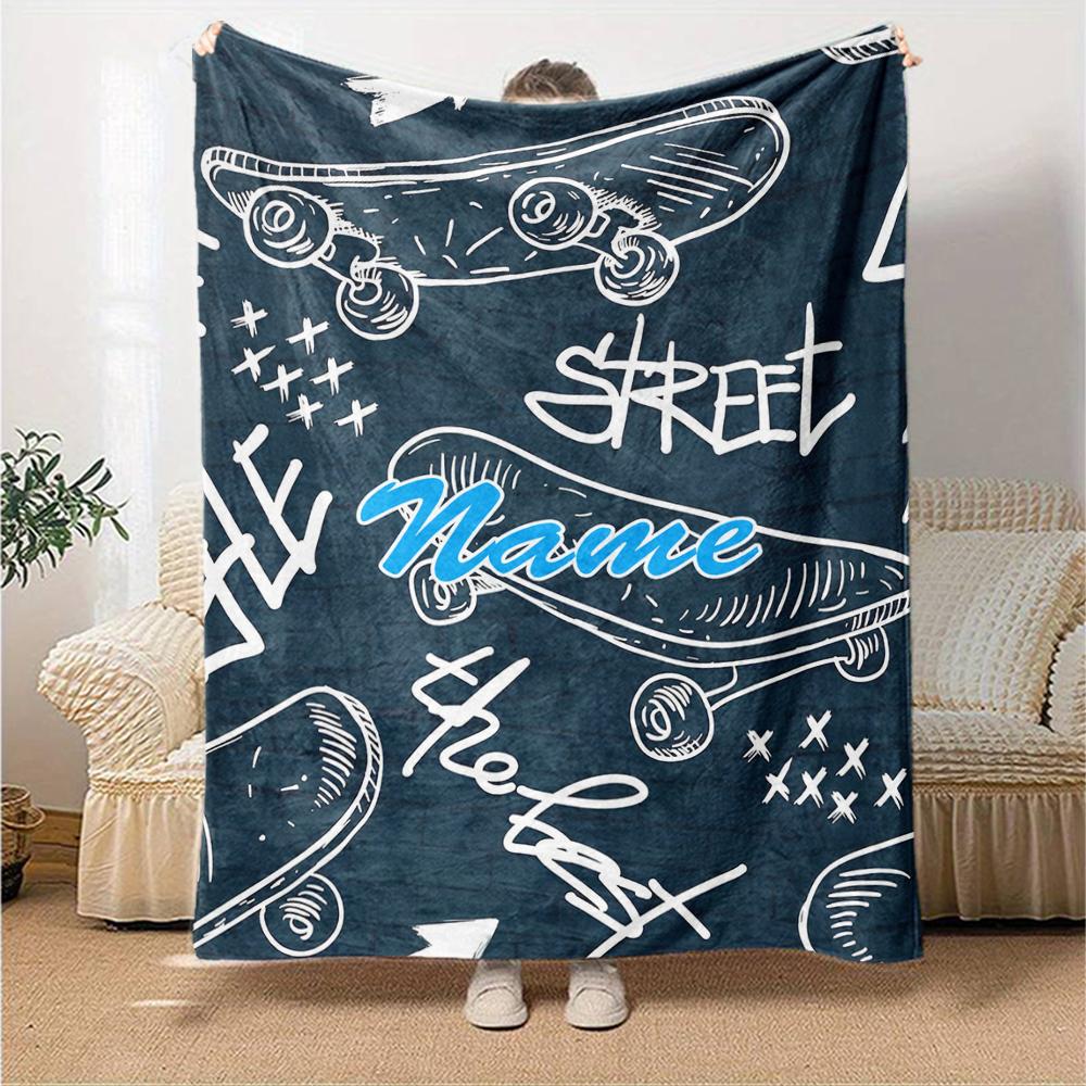 Custom Name skateboard Theme Printed Blanket - Perfect for Couch, Bed, Travel & Outdoor Use | Machine Washable, Cozy & Durable.