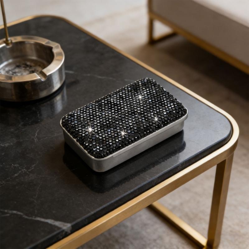 Metal Storage Holder With Glittering Diamonds Smooth Sliding Cover Designs Storage Stylish Accessory