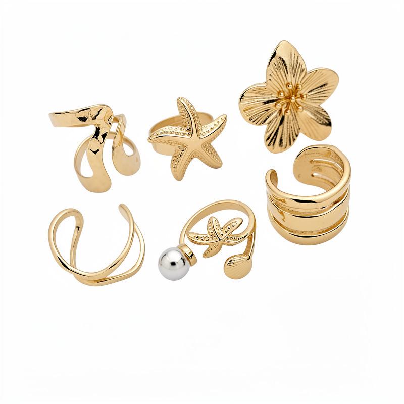 Ocean-Inspired Gold Pearl Flower Ring Set – Six-Piece Retro Chic for Index Finger, Elegant Hand Jewelry