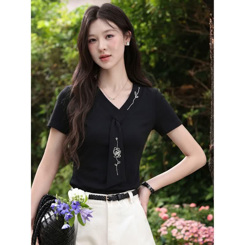 Women s French Style V-Neck Slim Fit Short Sleeve T-Shirt M