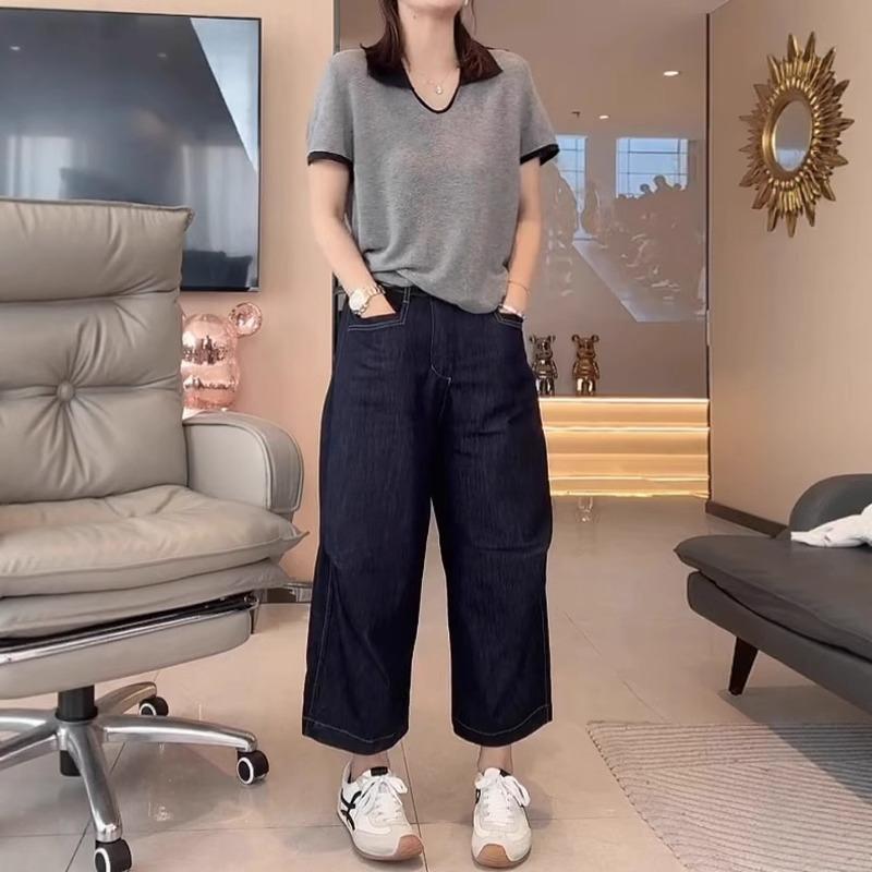 Women's Plus Size Color Block Lapel Knitted Short Sleeve Ice Silk T-Shirt - Loose, Versatile, High-End Summer Top