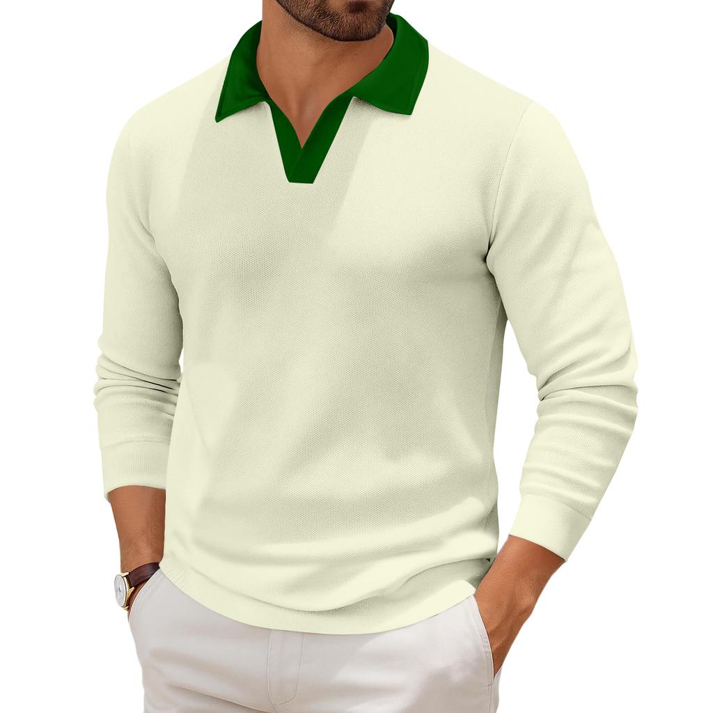 Men's Casual Color-Block Collared Long-Sleeve Knit Base Layer Top