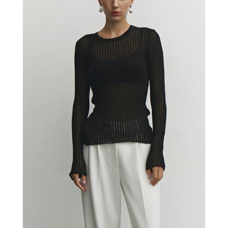 See Through Fashion Λευκό Κομψό ριγέ See Through Γυναικεία μπλουζάκια Μακρυμάνικα T-Shirts Tees Skinny Club Ρούχα για πάρτι