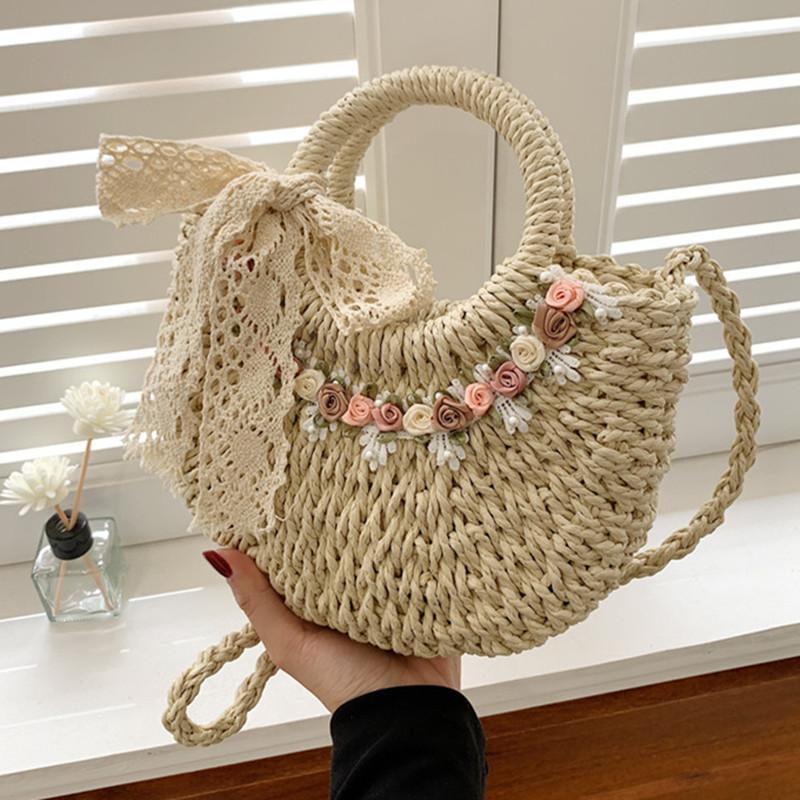 New Summer Handmade Straw Bag Women Beach Weaving Ladies Moon Shape Design Flower Women's Tote Shoulder Crossbody Bag
