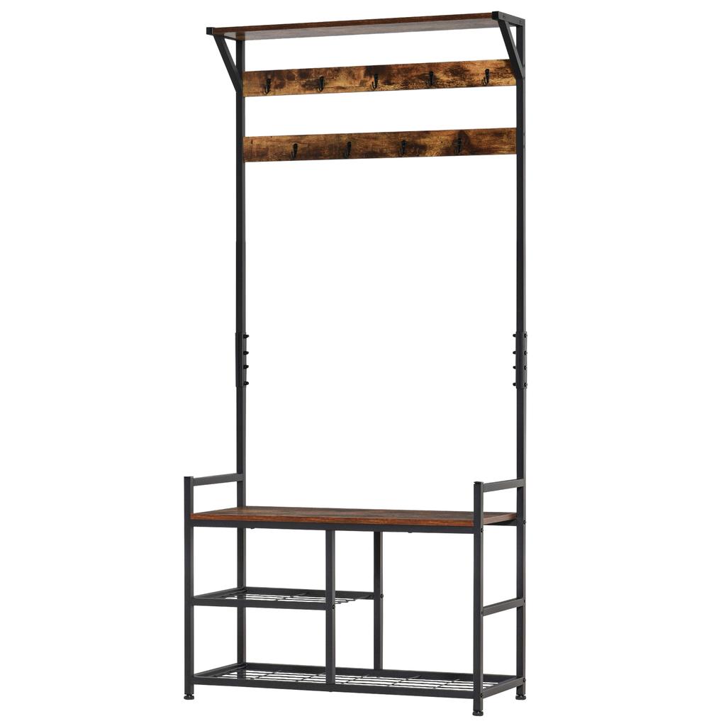 Coat Rack Stand Shoe Storage Bench with 9 Hooks Shelves for Bedroom Living Room Entryway Brown and Black 180cm