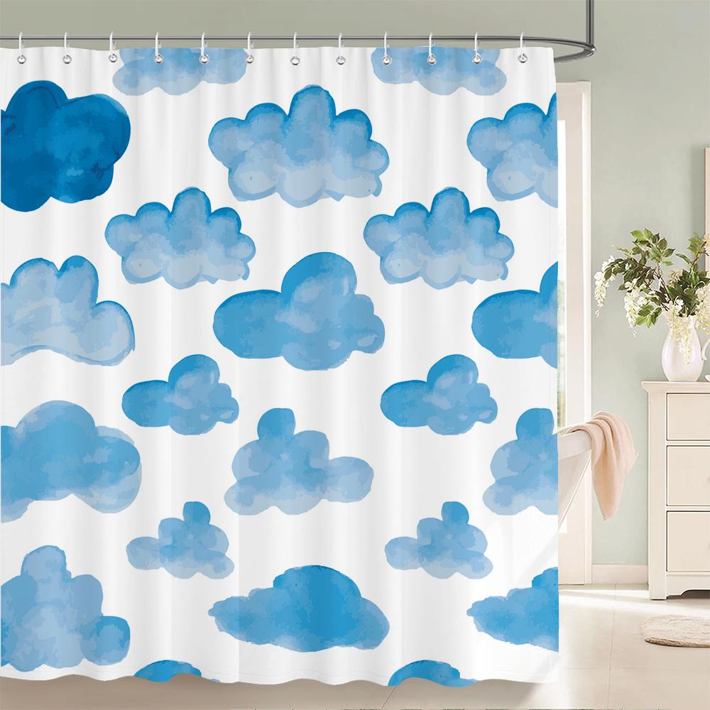 Watercolor Clouds Sky Scenery Shower Curtains Waterproof Fabric Bath Curtains For Bathroom Bathtub Bathing Cover With Hooks