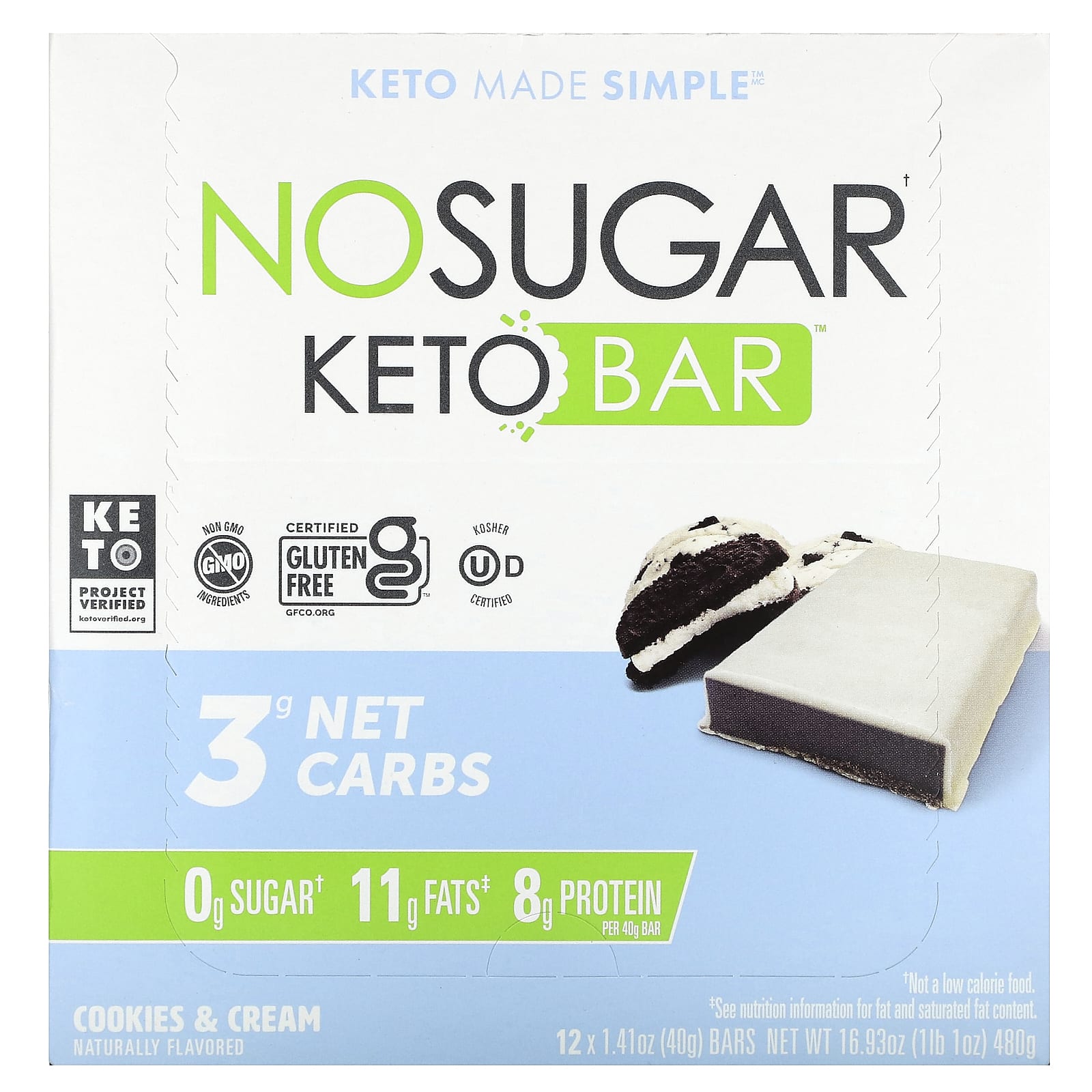 

No Sugar Company, Keto Bars, Cookies & Cream, 12 Bars, 1.41 oz (40 g) Each