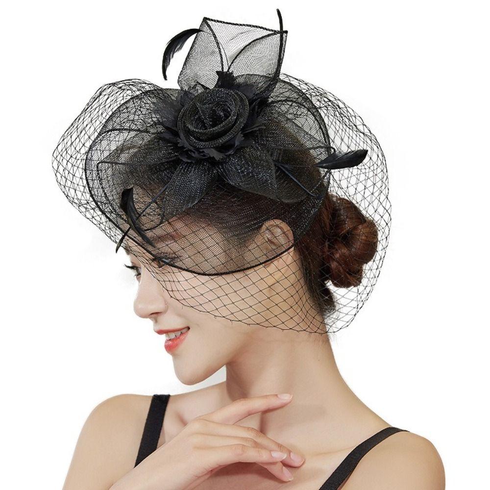 Vintage Style Fascinator Hat Exquisite Elegant Feather Mesh Veil Hat Sweet Bow Fancy Flower Hair Band Race Millinery