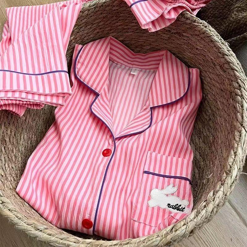

Korean version of simple style red striped pajamas women s summer short-sleeved shorts set pocket rabbit loungewear two-piece set S