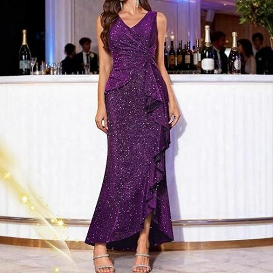 2026 Elegant European Women's Sequin V-Neck Slit Evening Gown