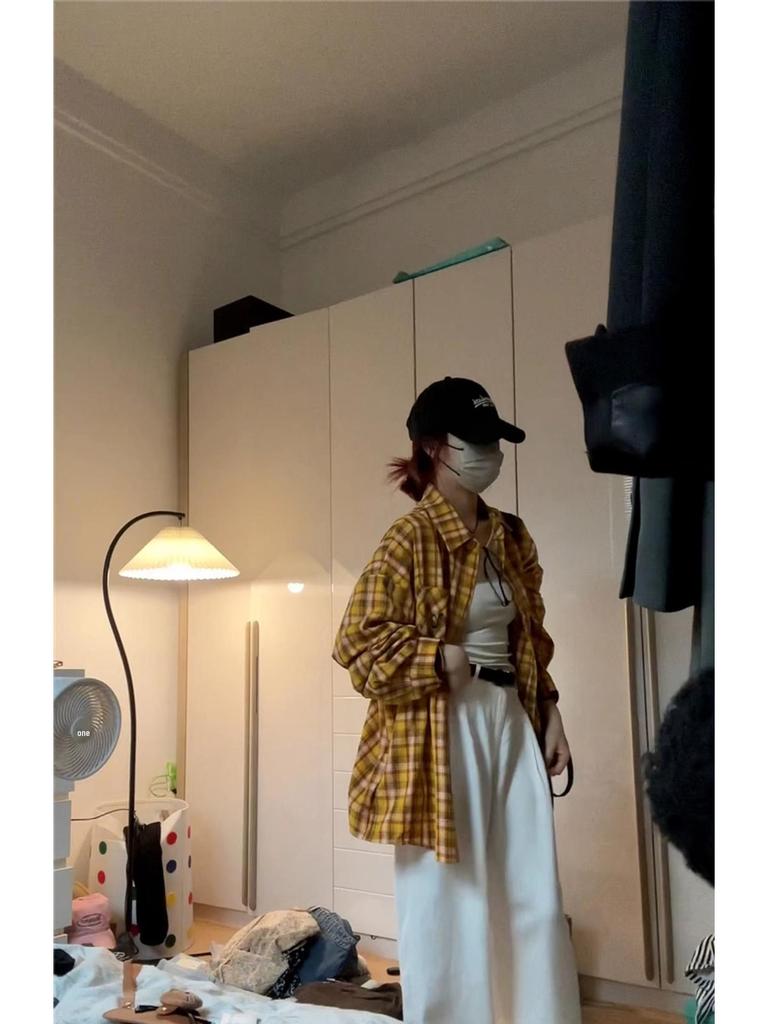 Women's Retro Yellow Striped Plaid Shirt Jacket, Sun Protection, Mid-Length Top for Spring and Autumn