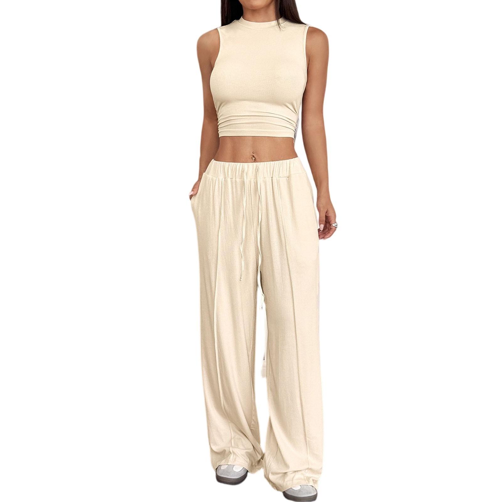 

Women s Slim Fit Sleeveless Vest Casual Pants Set L бежевий