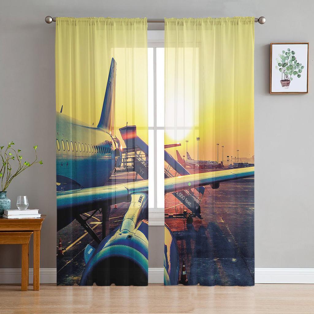 Flugzeug Sonnenuntergang Moderne Vorhänge für Wohnzimmer Transparente Tüllvorhänge Fensterschleier für das Schlafzimmer Zubehör Dekor