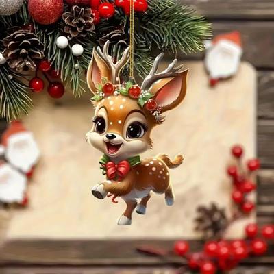 Christmas Elk Ornament Flat Acrylic Hanging Decoration Cartoon Deer Festive Pendant for Christmas Tree Car Interior Rearview Mirror Decor