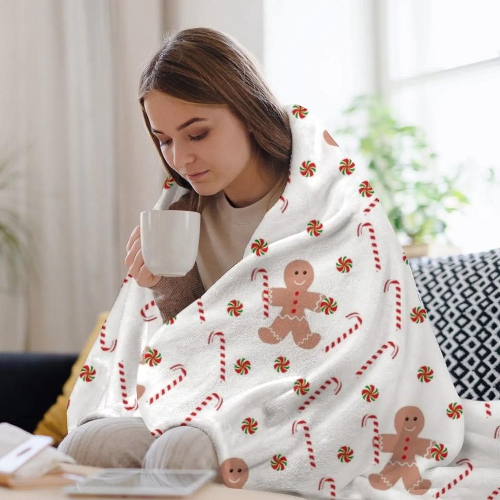 Gingerbread Man with Christmas Candy Throw Blanket Plaid Retros Thins for Sofa Blankets