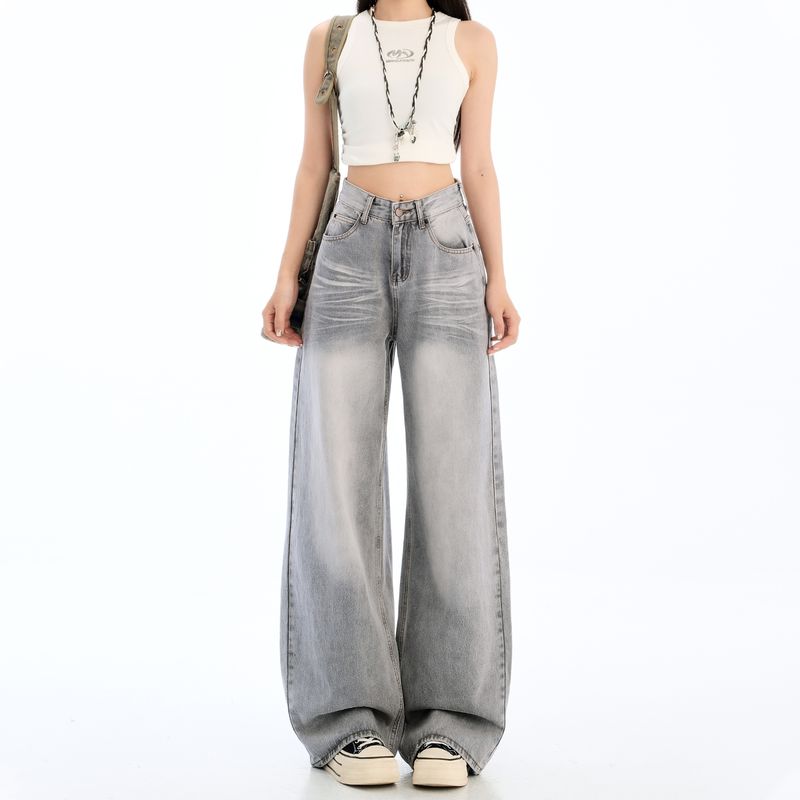 

American Retro Light Gray Wide Leg Denim Women s Popular Thin High Waist Drooping Loose and Lazy Style Straight-Leg Pants This Year Light gray pants recommend height 155-165cm M