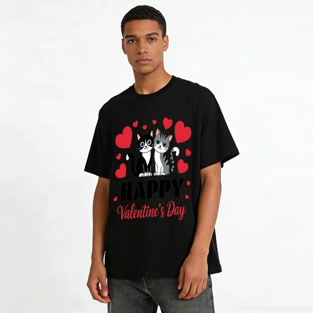 Cute Cat Heart Print Valentine's Day Unisex Casual T-Shirt Pure Cotton T-shirt