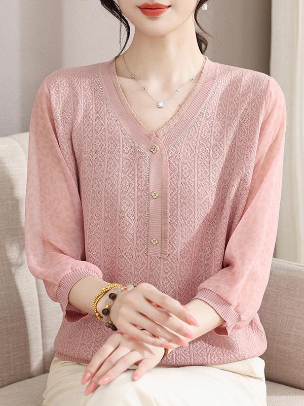 V-Neck Solid Color Knit Sweater T-Shirt for Women - Stylish Spring/Summer Sheer Sleeve Top for Middle-Aged and Elderly