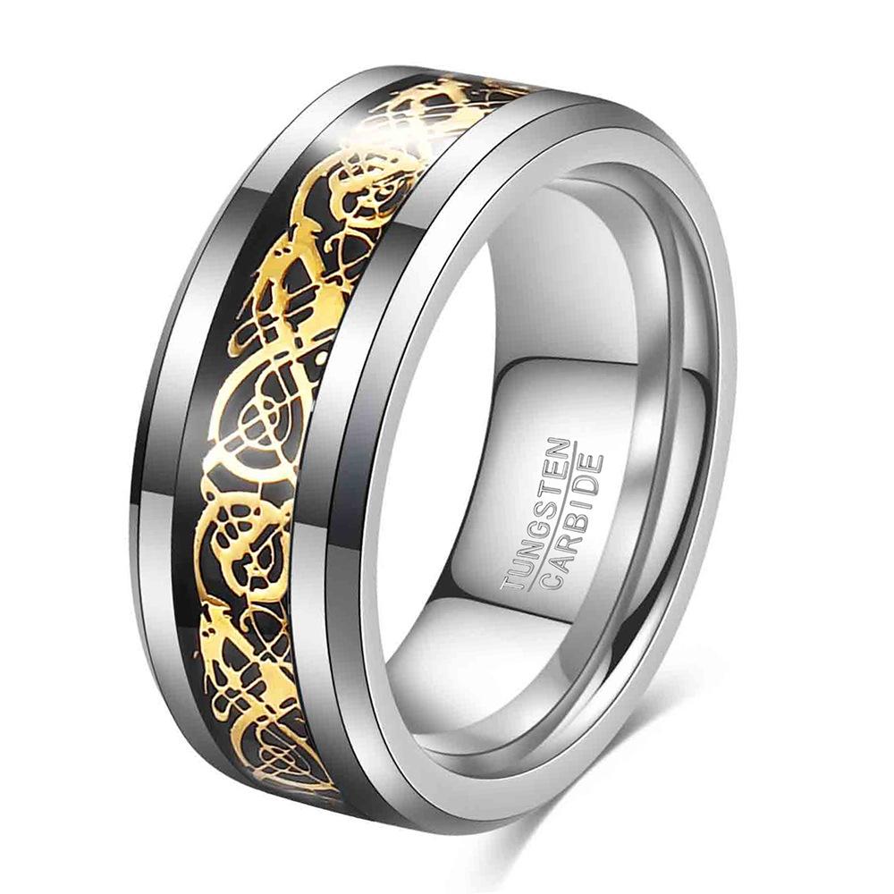8MM Tungsten Steel Ring with Dragon Design Inlaid Stainless Steel Smooth Finish Mens Jewelry