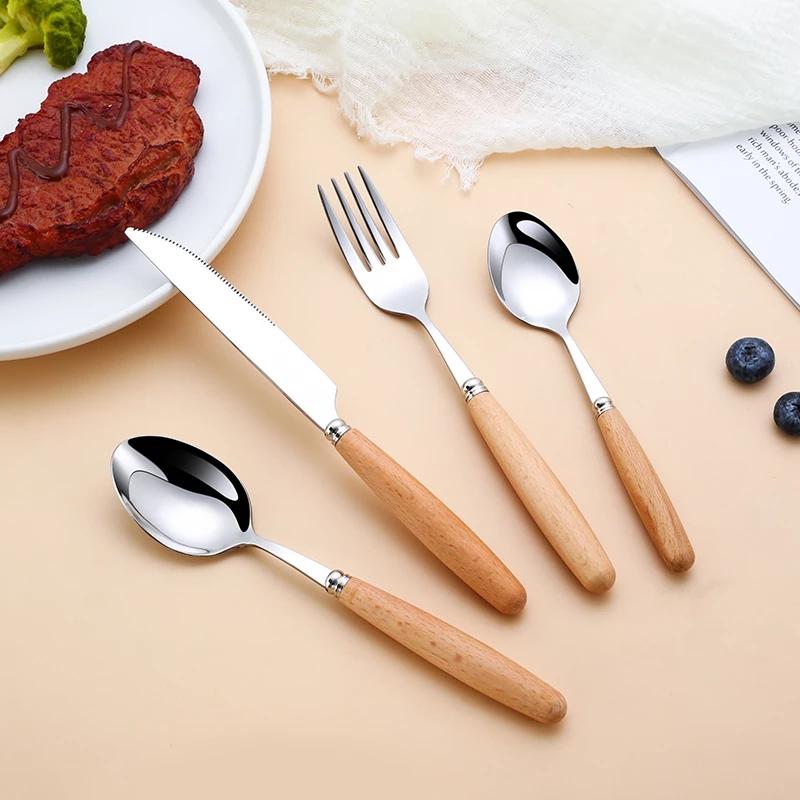 304 Stainless Steel Dinnerware Glossy Silver Wooden Tableware Western Food Knife Fork Teaspoon Cutlery Kitchen Accessories 1PCS