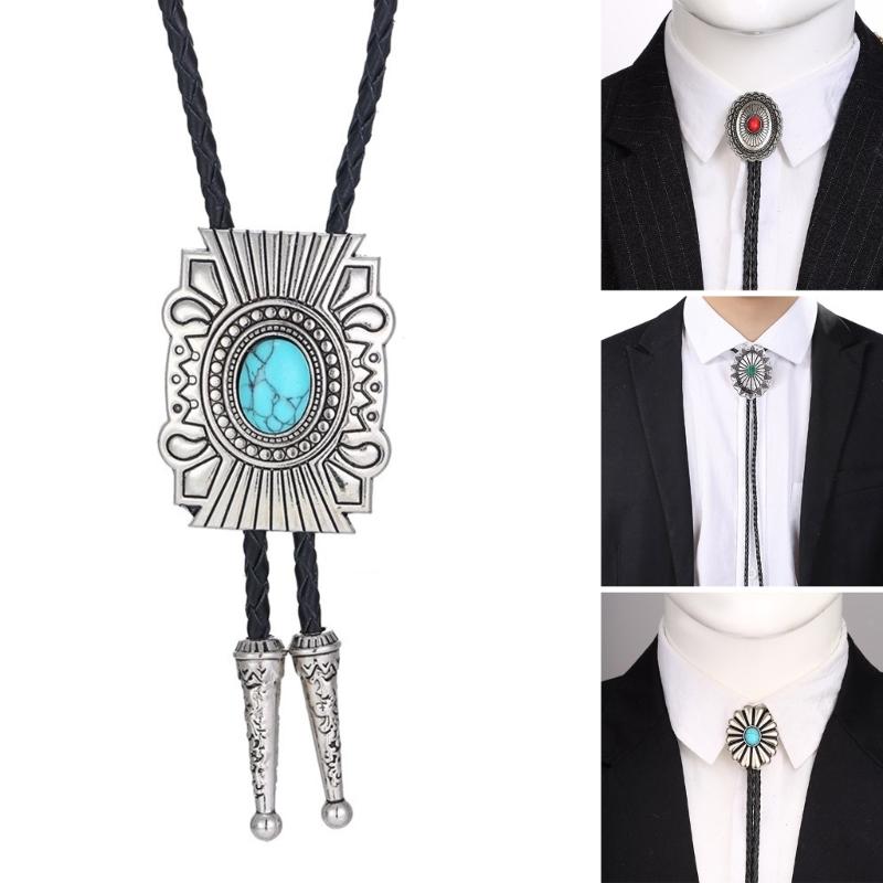 Mens Bolo Tie Necktie Vintage Leather Braided Rope Necklace with Metal Wolf Head Stone Pendant Jewelry Cowboy Necktie