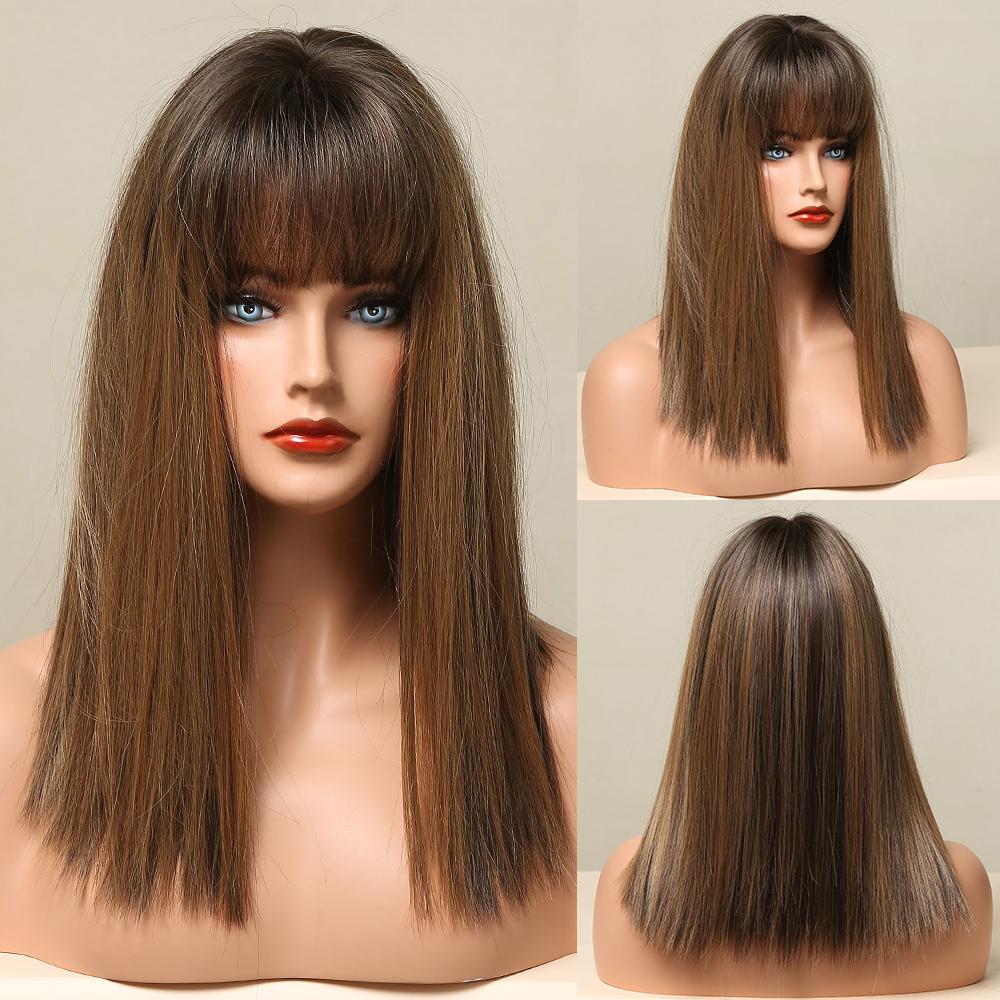 LOUIS FERRE Short Ash Brown Hair Wig for Women Synthetic Ombre Brown Straight Wigs With Bangs Shoulder Length Brown Natural Hair