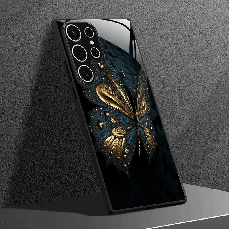 Black Golden Element Butterfly Tempered Glass Phone Case for Galaxy S26 S25 S24 S23 Ultra S22 Ultra S20 Ultra 56 A72 A73 5G